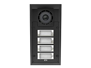 2N IP Force vandal-resistant outdoor unit with a camera with 2560 x 1920 resolution with night vision, 4 push buttons, dual 10 W speaker, PoE+ / 12 VDC.