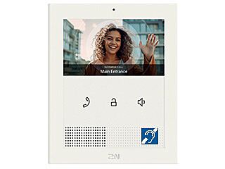 2N Clip video intercom indoor monitor with inbuilt induction loop, 4.3-inch colour screen with 480x272 resolution and 3 capacitive buttons. Integrated 2W speaker, PoE and bell input.